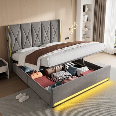 Sweiko Tweepersoonsbed - 180 × 200 cm - Hoog hoofdeinde - Velvet - USB-aansluiting - LED-verlichting - Opbergruimte - Grijs