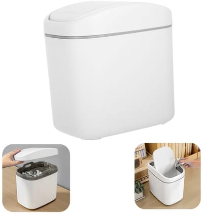 Prullenbak – Bureauprullenbak – Aanrechtprullenbak – Kantoorprullenbak – Prullenbak met scharnierend deksel – Verdikte prullenbak met antislip en slijtvaste bodem – Geschikt voor keukens, eetkamers, slaapkamers en woonkamers (wit, 16*11,2*16,5 cm)
