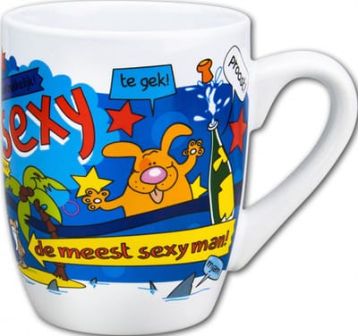 Mok - Snoep - De meest sexy man - Cartoon - In cadeauverpakking met gekleurd krullint