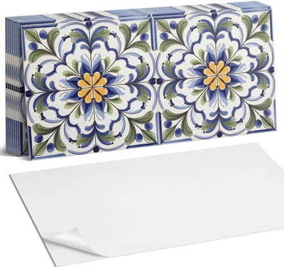 Coloray Plaktegels - Bloemenkeramiek patroon Zelfklevende Wandtegels - 40 cm x 20 cm - Blauw Plaktegels - 10 stuks - Rechthoek PVC Tegels - Plaktegels Badkamer - Vloertegels Zelfklevend - Vinyl Tegels - Portugese Tegels