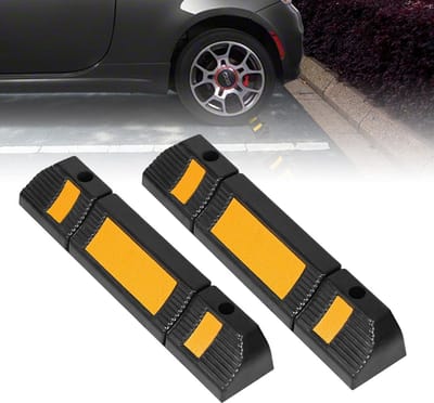 Rubberen Wielstop voor Parkeerbegrenzing - Garagestopper met Reflecterende Strepen - 60 x 12 x 10 cm - Set van 2
