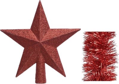 Kerstversiering kunststof glitter ster piek 19 cm en folieslingers pakket rood van 3x stuks - Kerstboomversiering
