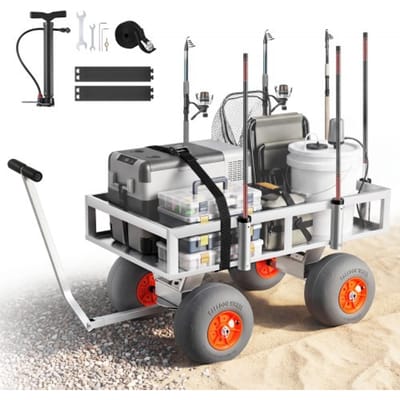VEVOR opvouwbare viskar, 159 kg zware wagen met 4 PU-luchtbanden voor alle terreinen, transportkar met aluminium frame en 6 hengelhouders, multifunctionele transportkar voor vissen, kamperen en het strand