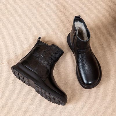 Dames Winter Warm Sneeuwschoenen Dikke Zool Ronde Neus Rits Echt Leer Schaapsvacht Bont Wol Platform Enkellaarzen Dame 41