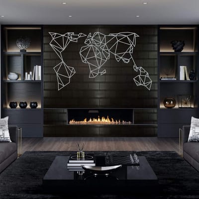 Metalen Wanddecoratie - Wereldkaart Decoratie - Woonkamer Inrichting - Zwevend Effect - 100x58cm - Zilvergrijs