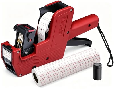 Fokelyi - Compleet prijstang set - 10 rollen etiketten & 1 inktrollen – voor winkels, supermarkten en magazijnen - Handheld - verstelbare digitale prijskaartjesprinter -Rood