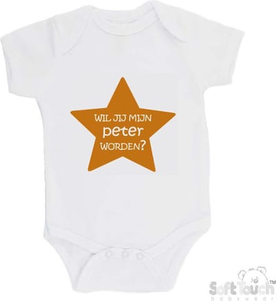 100% katoenen Romper "Wil je mijn peter worden?" Unisex Katoen Wit/tan Maat 62/68