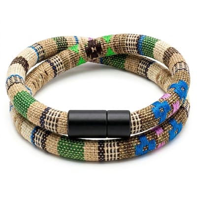Tweelaagse beige-groene textiel armband voor heren en dames – kleurrijk patroon met zwarte sluiting