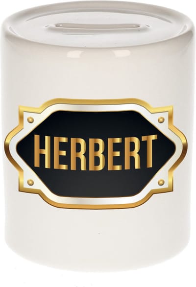 Spaarpot met voornaam Herbert - wit - met goud/zwart embleem - 8 x 9 cm - keramiek - met afsluitdop - cadeau verjaardag