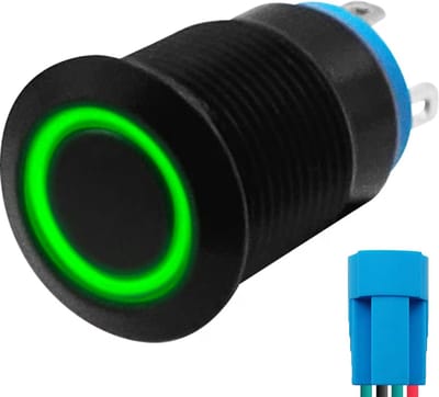 ProRide Metalen Drukschakelaar 12V ON-OFF - 12mm - Aan/uit schakelaar met Aansluitkabel - Spatwaterdicht - 12V/24V - LED Indicatie Groen