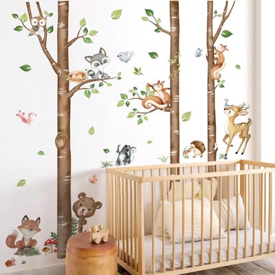 Solidchoice - Dailygoody - Grote Berkenboom Muurstickers - Bosdieren - Decoratie voor Babykamer - H: 160cm - Beer Konijn Vos Hert - Muurdecoratie voor Peuters