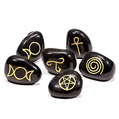 Wicca Symbolenstenen agaath zwart SET van 6 - 3.3x2.3 - Edelsteen - Zwart - S