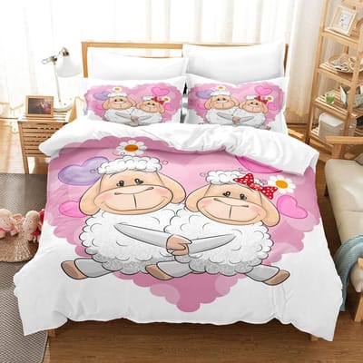 Dieren Dekbedovertrek Set Cartoon Wit Schaap Thema Patroon Kawaii King Queen Twin Full Size Voor Kinderen Tieners Polyester Beddengoed Set AU Single(140*210cm)3pcs