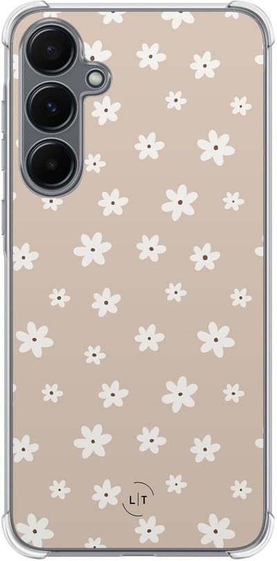 Shockproof hoesje - Geschikt voor Samsung Galaxy A15 - Cute flowers - Extra sterke case - TPU/polycarbonaat - Bloemen - Beige, Transparant