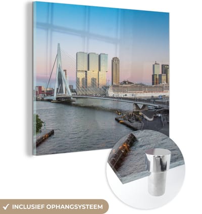 MuchoWow® Glasschilderij 50x50 cm - Schilderij acrylglas - Rotterdam - Water - Brug - Foto op glas - Schilderijen