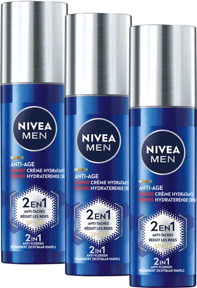 NIVEA MEN Anti-Age 2in1 Power Hydraterende Crème Gezicht - Dagcrème - Moisturizer - Normale en rijpere huid - SPF 30 - Met hyaluronzuur en Luminous630 - 3x50 ml - Voordeelverpakking