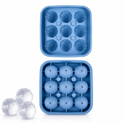 3D Voetbal IJsvorm - 9 Vakjes - 33mm Voetbal IJsballen - Twist & Release - Met Lekvrij Deksel - BPA-vrij - Voor Whisky, Cocktails, Frisdrank & Kinderfeestjes - Blauw - 2 Stuk