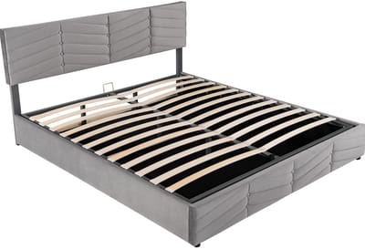 COVREO Bed met hydraulische opbergruimte – 180x200 cm – Tweepersoons slaapplaats van stof – met verstelbaar hoofdeinde – Grijs - zonder matras