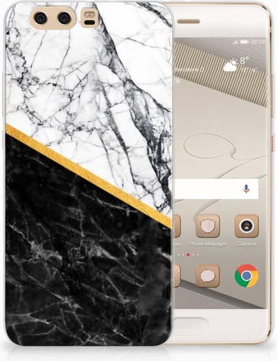 Huawei P10 Plus TPU Siliconen Hoesje Marmer Wit Zwart - Origineel Cadeau Man