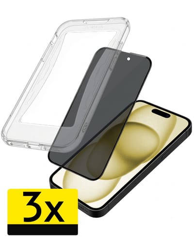 Anti-Spy Screenprotector - Geschikt voor Apple iPhone 15 - 3 Stuks - Met Installatie Kit - Flexibel Glas - Privacy Beschermglas - Tempered Glass - Screen Protector