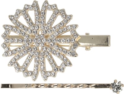 Haarsoires Haarspeld Duckklem & Schuifspeldje 5cm – Bloemvorm met Glitter Steentjes – Zilver – Set van 2 - Sterke Haarclip voor Styling & Dagelijks Gebruik - Hair Clip - Decoratieve Haaraccessoire