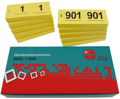 Benza - Garderobenummers cloakroom – Set 1 t/m 1000 – Dubbele Tickets - Geel