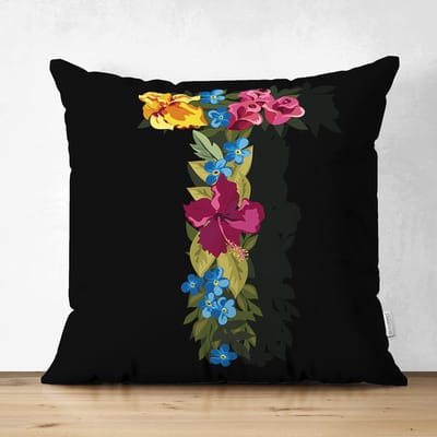 Velvet Kussenhoesjes - kussenhoes - Letter T van bloemen op zwart - 45x45 cm - Kussenloop - Fluweel - Valentijn Cadeau