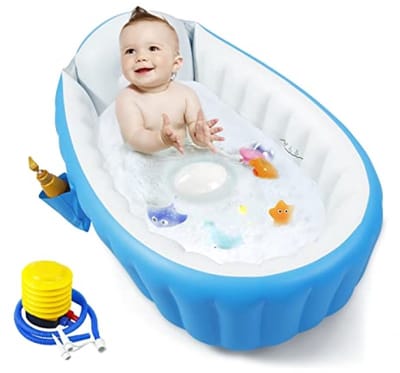 Opblaasbare babybadkuip met luchtpomp, draagbaar opvouwbaar antislip bad voor peuters 6-36 maanden, blauw