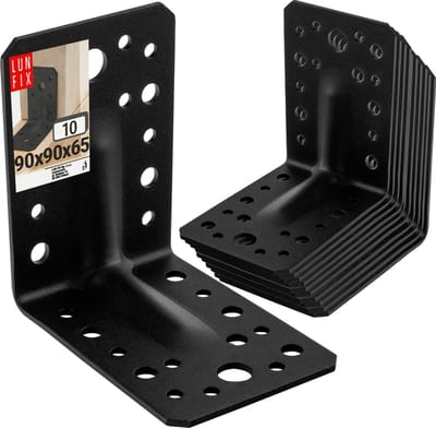 LUN FIX - Hoekverbinder - 90x90x65x2,5 mm - Zwart gepoedercoat staal - 10 stuks - Versterking - Carport, pergola, hek, houtbouw
