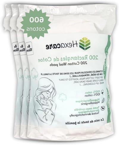 Katoenen Rechthoeken - Zachte Wattenschijfjes - Babyverzorging Make-up - Hypoallergeen Dermatologisch Getest - Set van 600 - Natuurlijk Wit