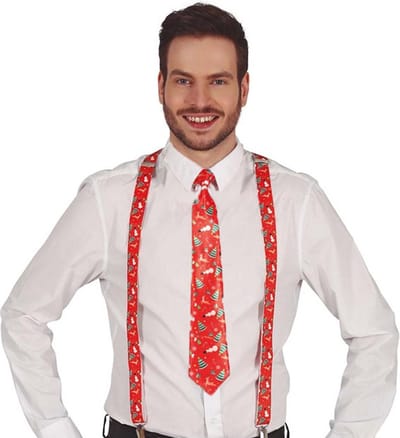Fiestas Guirca Kerst accessoires set - stropdas en bretels - rood - kerst opdruk -volwassenen