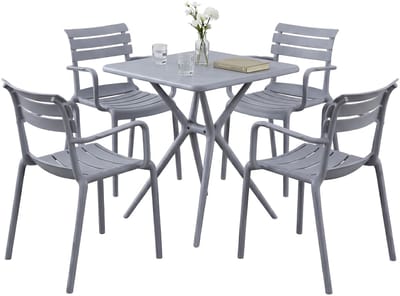 CLP Avena tuinmeubelset - 4 stapelstoelen - vierkante eettafel 72x72cm - weerbestendige balkonset - voor terras en tuin - grijs