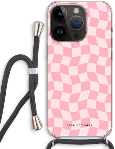 Case Company® - Hoesje met koord geschikt voor iPhone 14 Pro hoesje met Koord - Grid Roos - Telefoonhoesje met Zwart Koord - Bescherming aan alle Kanten en Over de Schermrand