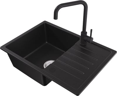 CECIPA max Spoelbak Keuken 65x45cm - Spoelbakken Met Keukenkraan - Granieten Spoelbakken Zwart - Enkele spoelbak - Incl. Sifon en Afvoerzeefje