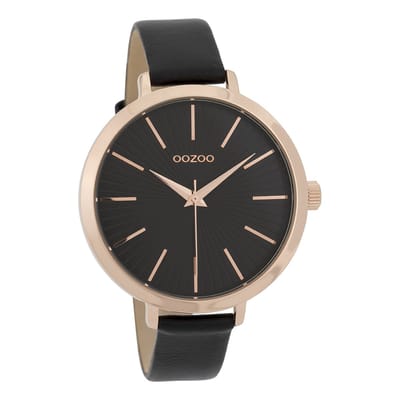 OOZOO Timepieces - Rosé goudkleurige horloge met zwarte leren band - C9674