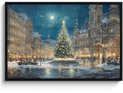 Poster in lijst - Fotolijst 120x80 cm - Posters - Kerstnacht - Stadsplein - Meerkleurig - Posterlijst zwart - Decoratie - Wanddecoratie woonkamer - Muurdecoratie slaapkamer - Kerstversiering - Kerstdecoratie voor binnen - Kerstmis