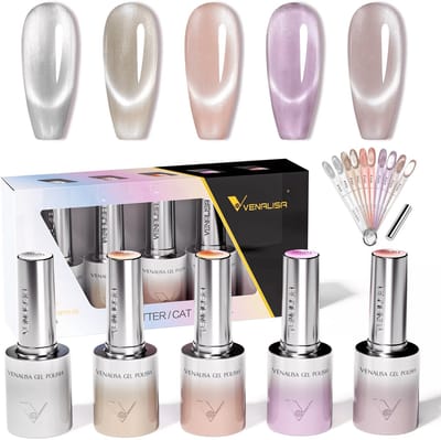 Venalisa Glitter/ Cat Eye Gel - Platinum Reflective - UV/LED Gel - HEMA vrij - TPO Vrij - 10 ml - Glitter Gellak - Cat Eye Gellak - Cat Eye Magneet Gellak - Gellak Nagellak - Gel Polish | 5 x 10 ml