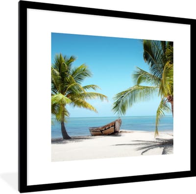 Fotolijst incl. Poster - Palmboom - Boot - Strand - 40x40 cm - Posterlijst