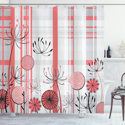ABAKUHAUS – Bloemen douchegordijn – 175x200 cm – koraal antraciet
