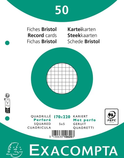 Exacompta 24x Pak 50 steekkaarten in folie - bristol geruit 5x5 geperforeerd - 170x220mm - Wit - 10620E
