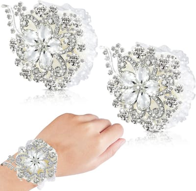 Pols Corsages - Bruiloft Accessoires - Feestelijke Decoratie - Zilveren Strass Bloem - 6 x 8 cm - Zilver