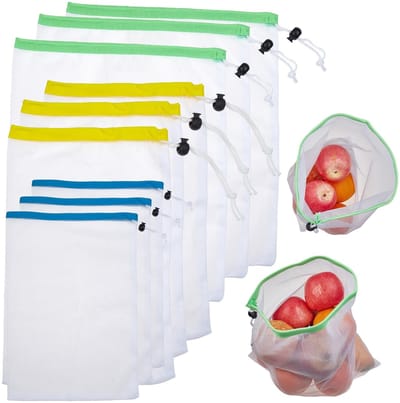 Dailygoods- Boodschappentas herbruikbaar - Set van 9 - Polyester - 3 maten - Ideaal voor dagelijks gebruik - Wit - Netvakken met trekkoord - Netzakken