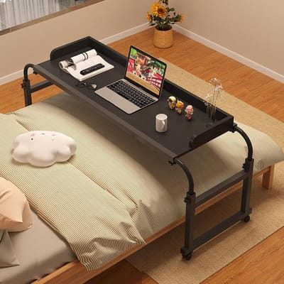 Laptoptafel met wielen - Bedtafel Bovenbedtafel - Werken en eten - In hoogte en lengte verstelbaar - 120-210 cm uitrekbaar