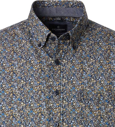 CASA MODA Sport casual fit overhemd - popeline - blauw met bruin en geel fijn bloemetjes dessin - Strijkvriendelijk - Boordmaat: 39 - 40