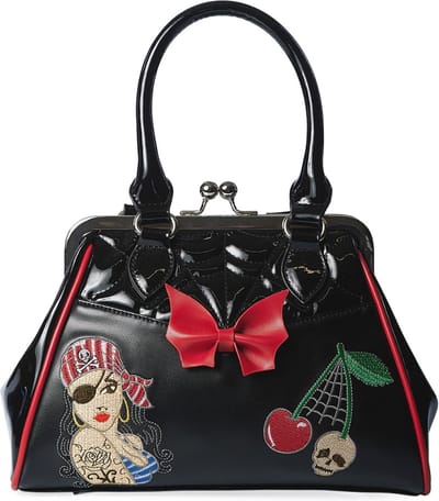 Banned Piratesse Rockabilly Handtas - Zwart met mooie Applicaties en Boorduurwerk - Lakaccenten - (bxhxd) ca. 27cm x 18cm x 12cm