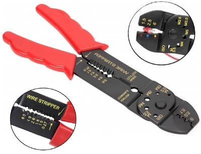 Multifunctionele Krimptang 4-in-1 – Krimpen, Knippen & Strippen – Duurzaam Gereedschap voor Elektrische Bedrading & Klussen – 205 mm – Zwart/Rood