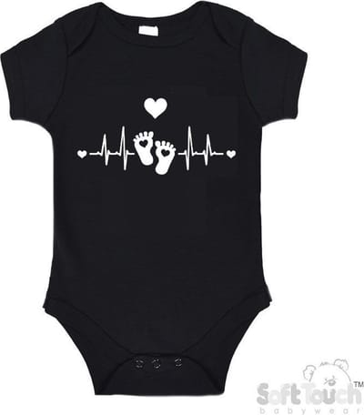 100% Katoenen Romper "Hartslag voetjes" Unisex Katoen Zwart/wit 62/68