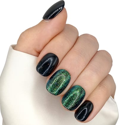 Press on Nails - Zwart Glitter Groen - Plaknagels Feestdagen - XS Kort Naturel Nageltips - SD Press on Nails - Nagelset B-170