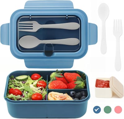 Famanu - Bento Lunchbox 1200 ml, lunchbox met 3 compartimenten en bestek, lekvrije snackbox voor volwassenen, bentobox voor school, kleuterschool, kantoor, magnetron