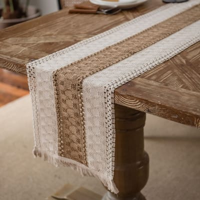 Chemin de table en coton vert tricoté à la main style bohème ferme de Noël avec pompons pour décoration de table de cuisine, salle à manger, table basse 30x120cm